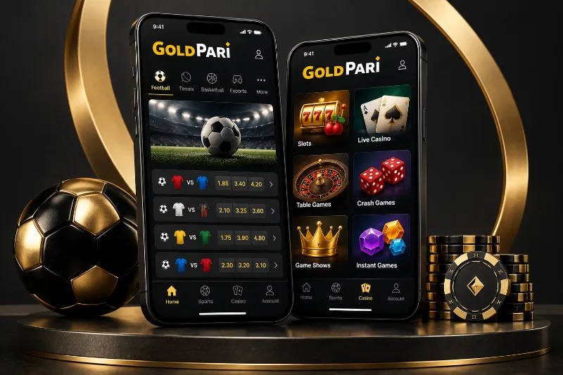 Gold Pari mobile sports and casino screens shown on two phones