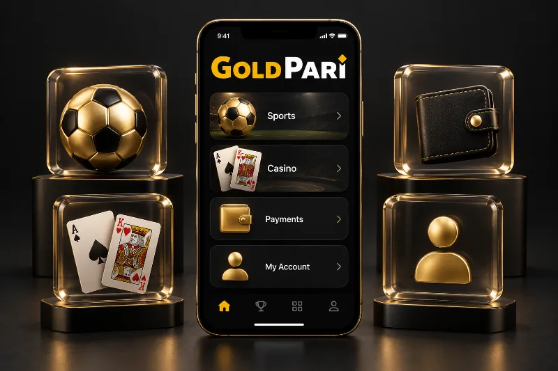 Gold Pari mobile overview with sport, casino, wallet and profile icons