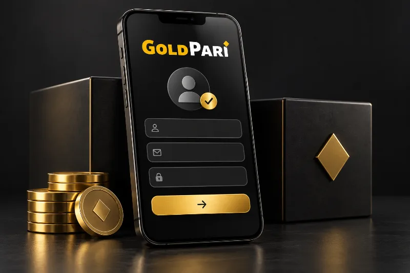 Gold Pari registration screen concept with account fields and confirmation