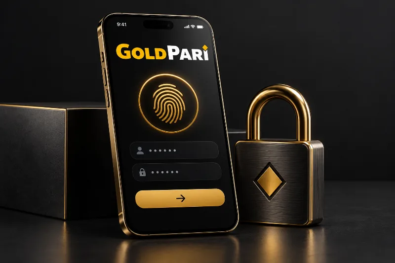 Gold Pari mobile login illustration with fingerprint and lock