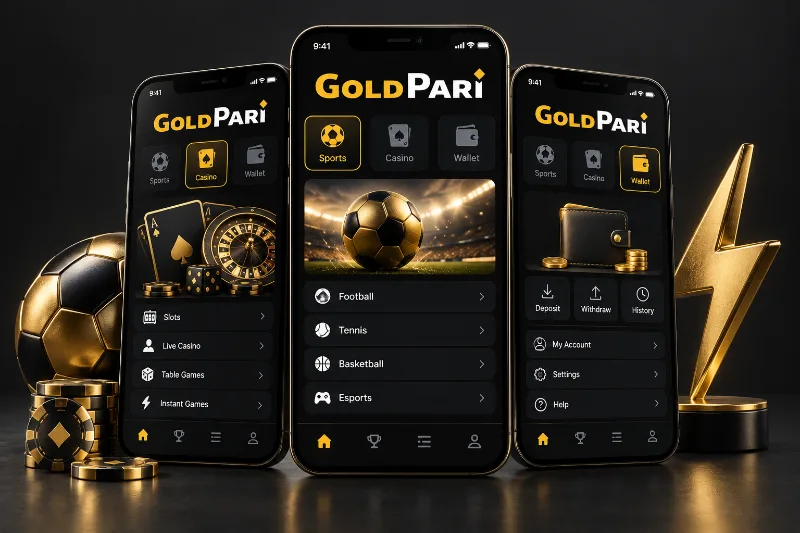 Gold Pari mobile features shown as sport, casino and wallet screens