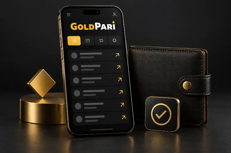 Gold Pari mobile withdrawal illustration with wallet and outgoing arrow